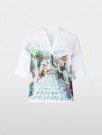 Marc Cain Hvit bomullsstretch blusong med 3/4 erm, print, snøring nederst og jersey bak thumbnail
