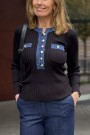 Katrin Uri Sort viskose 'LA Pullover' ribbet topp med jeanskant thumbnail