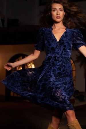 Hale Bob Blå silke/rayon 'Kimbra Solid Velvet Burnout Dress' fløyel burnout kjole