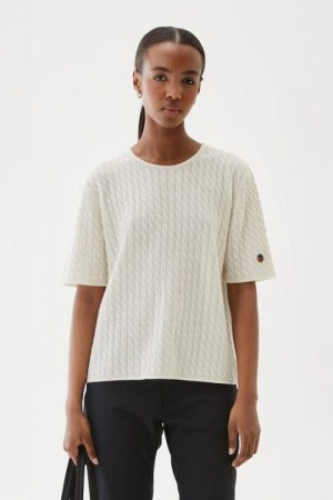 Busnel Ecru 'Leona Top' cashmere/merino eksklusiv kabelstrikket kortermet genser 