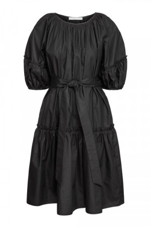 CATHRINE HAMMEL sort trendy poplin 'midi short sleeve' kjole / VIDEO