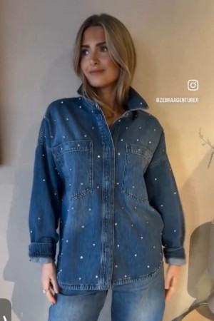 Mos Mosh Mid blue 'Emme Marine Shirt' oversized jeansjakke med diamantstuds