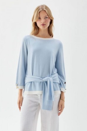 Busnel Ice Blue/ecru 'Helen Contrast Topp' 100% merino genser