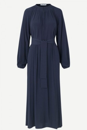 Samsøe Samsøe blå jacquard mønstret 'Kaia Long Dress' lang kjole med poseerm