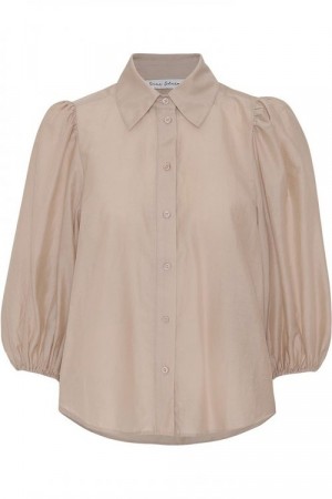 Dear Dharma Beigecamel 'Bellis Shirt' silke/bomull florlett trendy bluse