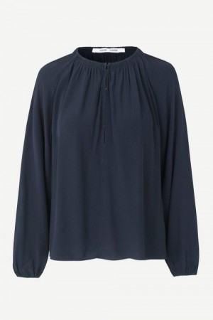 Samsøe Samsøe Blå jacquard mønstret 'Kaia Blouse' med poseerm