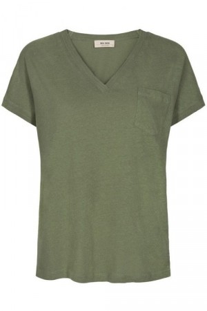 Mos Mosh Grønn 'Maya V-neck Tee' bom/lin t-shirt med lomme
