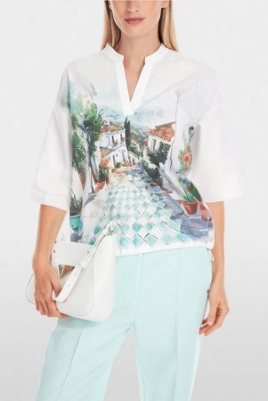 Marc Cain Hvit bomullsstretch blusong med 3/4 erm, print, snøring nederst og jersey bak