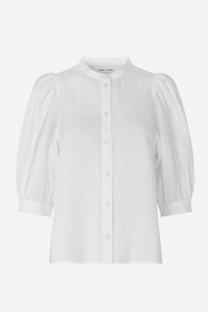 Samsøe Samsøe Hvit tencel/lin 'Mejse Shirt' bluse med puffermer