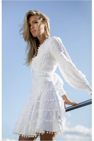 Ella&il Hvit 'Eline Linen Dress' linkjole med pompom