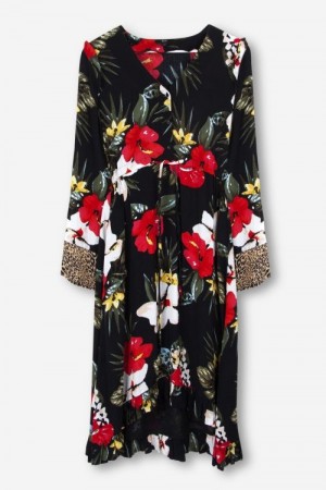 Alix The Label Rødsortblomstret 'Flowy Flower' kjole med lepoardermer