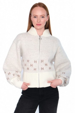 Hést Offwhite with brown alpakkamiks 'Martha short' cardigan med zip