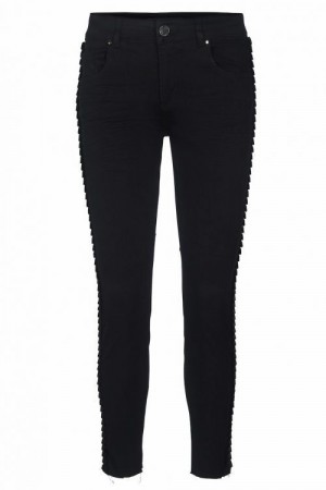 Mos Mosh Sort 'Sumner Velvet Frill' smal bukse med volangbølget smokingstripe