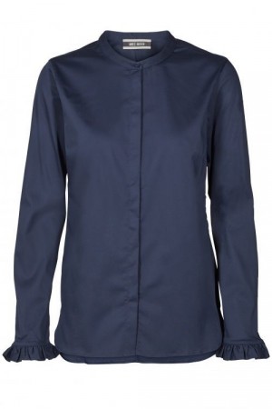 Mos Mosh navy 'Mattie' bluse med kinahals og volangmansjetter