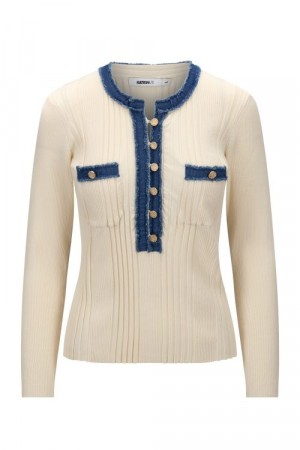 Katrin Uri Offwhite viskose 'LA Pullover' ribbet topp med jeanskant