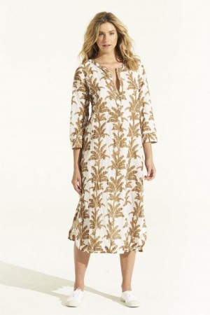 One Season Hvit med gull print 'Cruise Dress Palma' ledig bomullskjole
