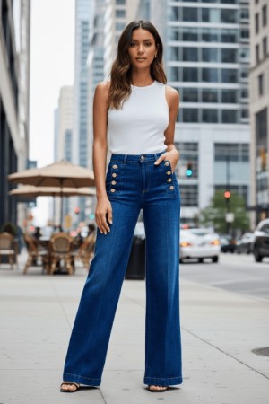 Vicolo Denim Blue 'Giudith' high waist vid jeans med gullknapper L34