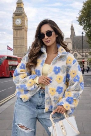 Lecoco Crown blue 'Amy' blomstret fleece jakke