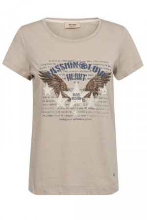 Mos Mosh Feather gray 100% bomull 'Zibby Tee' t-shirt med motiv