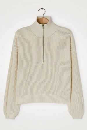 American Vintage Ecru 'Faf18a' ribbet 100% bomull genser med zip