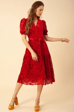 Hale Bob Rød silke/rayon 'Kimbra Solid Velvet Burnout Dress' fløyel burnout kjole