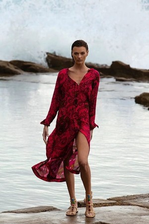 One Season San Sebastian hot pink 'India' 100% viskose ledig kjole med knapper helt ned