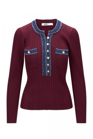Katrin Uri bordeaux viskose 'LA Pullover' ribbet topp med jeanskant