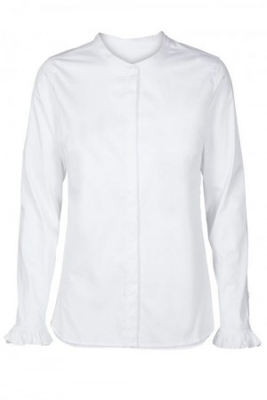 Mos Mosh Hvit 'Mattie' bluse med kinahals og volangmansjetter. BESTSELGER!