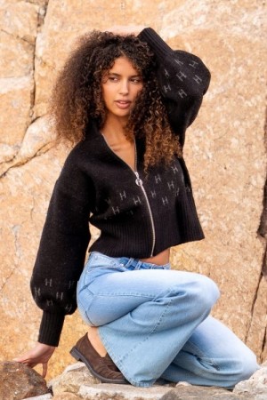 Hést Sortmønstret alpakkamiks 'Martha short' cardigan med zip