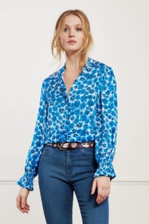 Fabienne Chapot Blåmønstret 'Studio Blouse' bluse med kinahals og poseerm