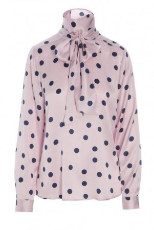 Dea Kudibal Rosa med blå prikker 'morgan dots rose' silkebluse med sløyfe