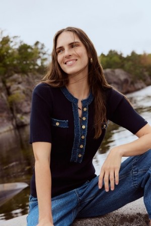 Katrin Uri Navy with jeans ribbet kortermet 'Malibu Pullover'