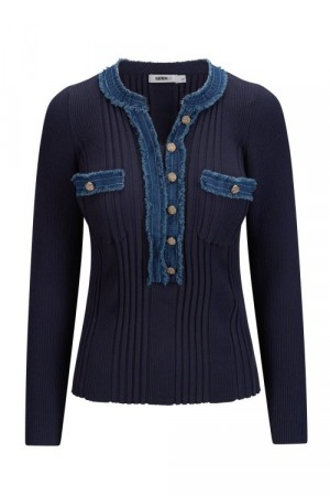 Katrin Uri Navy viskose 'LA Pullover' ribbet topp med jeanskant