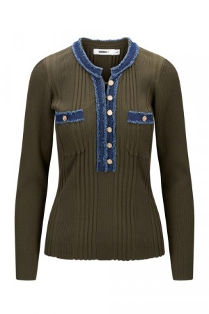 Katrin Uri Oliven viskose 'LA Pullover' ribbet topp med jeanskant