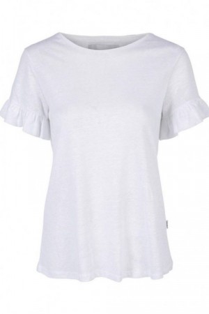 Ella&il Hvit 'Lara Linen Tee' linjersey kortermet topp med volanger