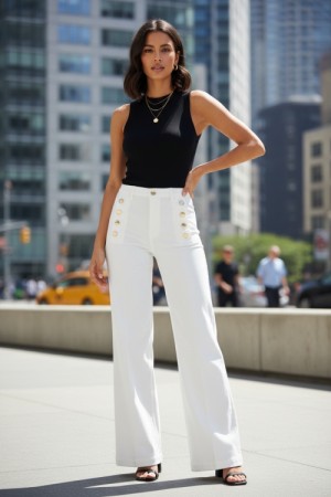 Vicolo Hvit 'Giudith' high waist vid bukse med gullknapper L32