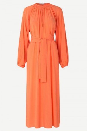 Samsøe Samsøe Orange jacquard mønstret 'Kaia Long Dress' lang kjole med poseerm